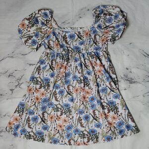 Altar'd State Blue & Orange Floral Puff Sleeve Mini Dress